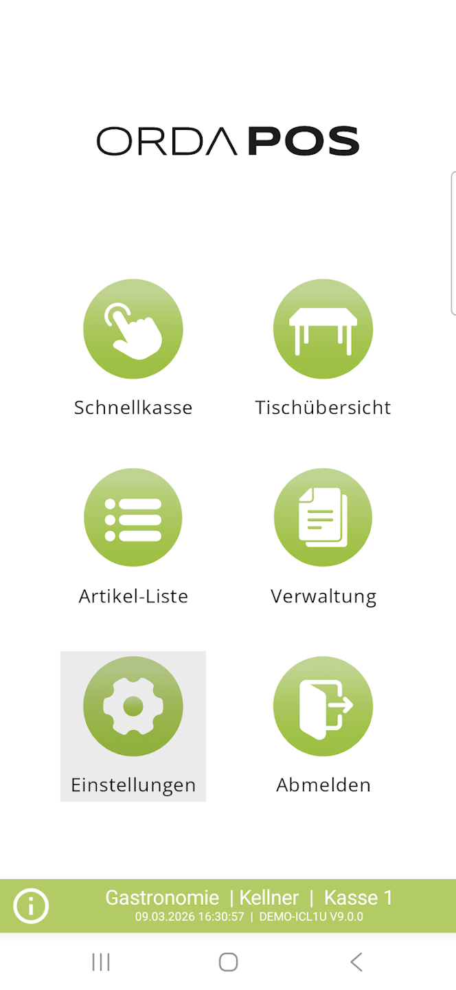 Screenshot der ORDA POS App mit Menüoptionen für Schnellkasse, Tischübersicht, Artikel-Liste, Verwaltung, Einstellungen und Abmelden im Gastronomiebereich