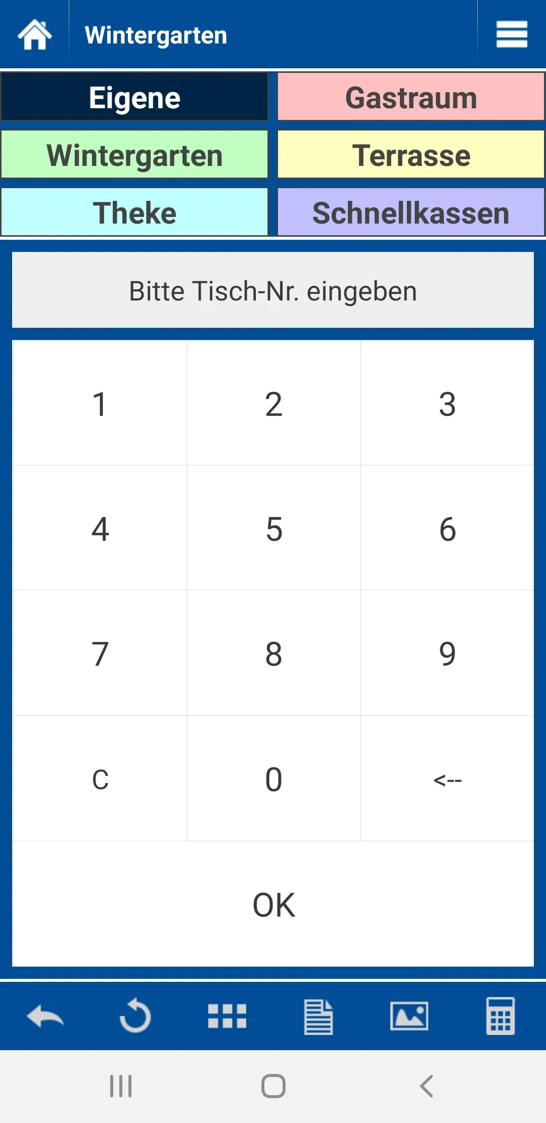 Mobile Kassenoberfläche zur Eingabe der Tischnummer