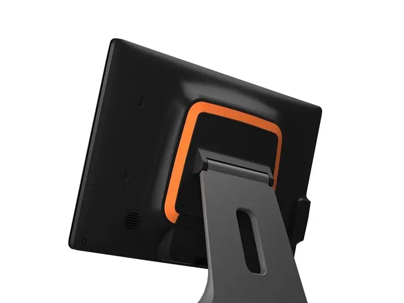 Schwarzer Touchmonitor mit stabilem Standfuß von hinten