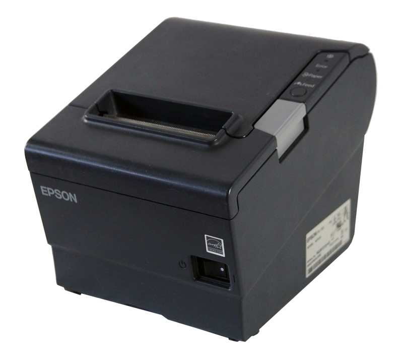 Schwarzer Epson Bondrucker mit Papierausgabe und Bedienfeld, ideal für Kassenbelege im Einzelhandel und Gastronomie