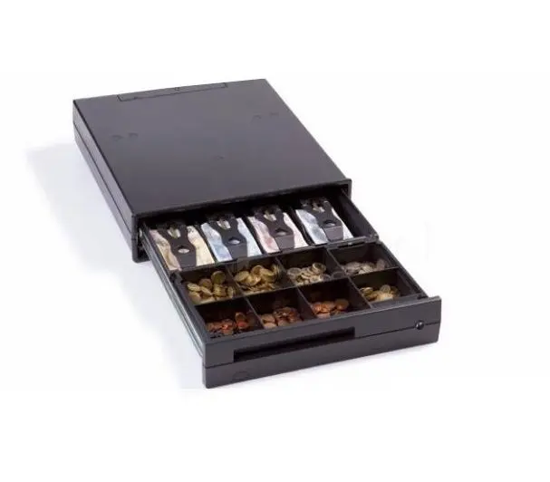 Geöffnete schwarze Kassenschublade mit Geldfächern