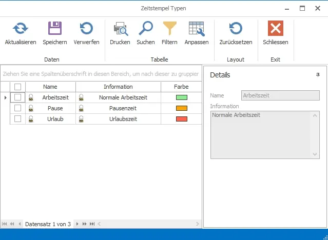 Zeiterfassungssoftware mit Zeitstempeltypen Arbeitszeit Paus