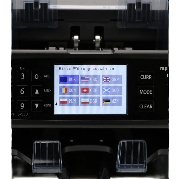 Nahaufnahme einer Geldzählmaschine mit Display zur Auswahl von Währungen wie EUR, USD und GBP für den professionellen Kassenbetrieb