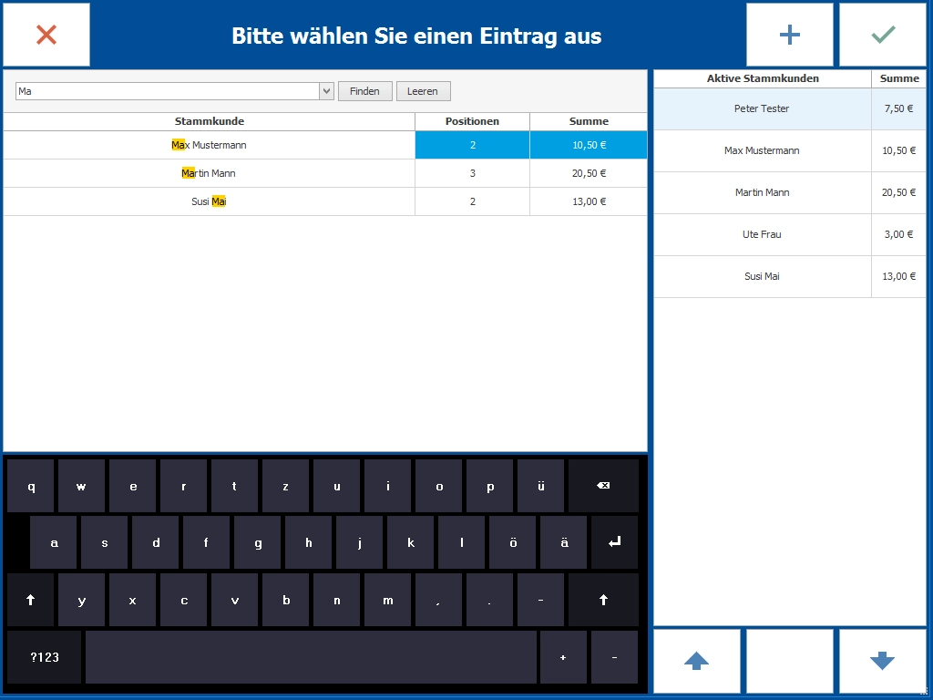 Touchscreen-Kassensystem mit Kundenliste und Tastatur