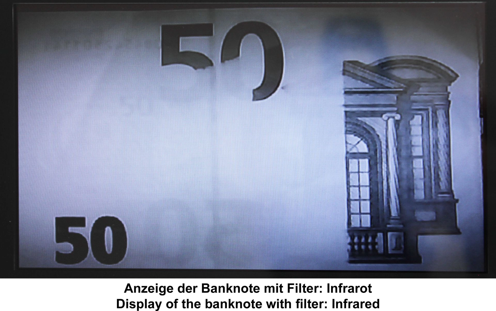 Display eines Banknotenprüfgeräts zeigt eine 50-Euro-Banknote im Infrarotfilter zur Echtheitsprüfung.