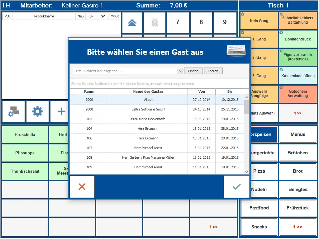 Bedienoberfläche eines Kassensystems mit Dialog Gästeauswahl