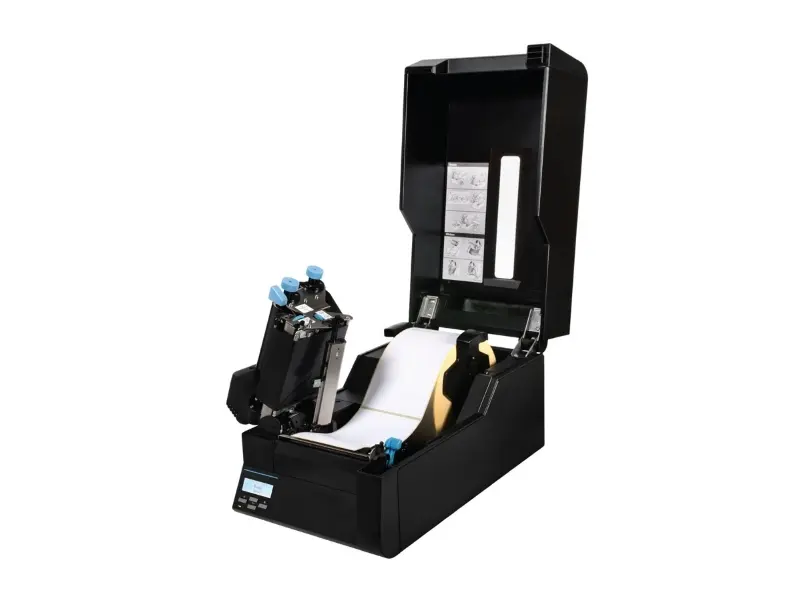 Geöffneter Industriedrucker mit eingelegter Etikettenrolle