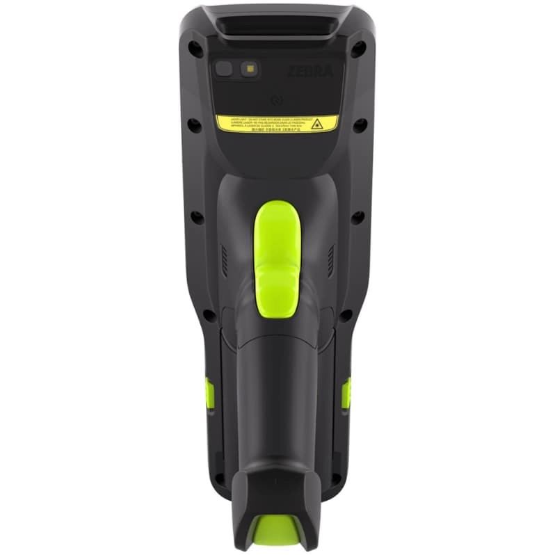 Rückansicht eines schwarzen Zebra Handscanners mit grünem Griff, Scanmodul und robustem Gehäuse für den professionellen E-Commerce- und Lagerbetrieb