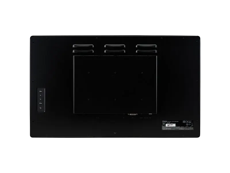 Rückansicht eines schwarzen Monitors mit Halterung