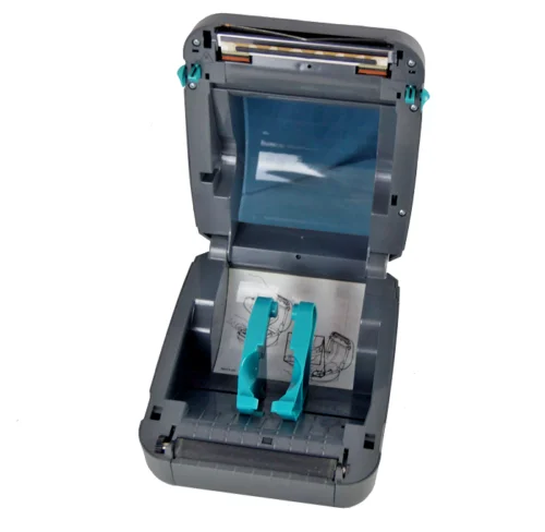 Geöffneter Thermodrucker für Etiketten mit blauen Haltern