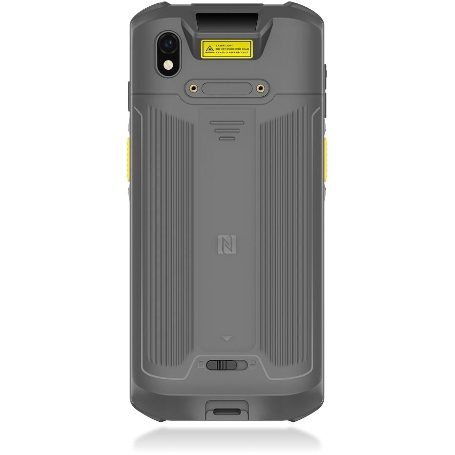 Rückansicht eines robusten Industrie-Smartphones mit Barcode-Scanner, Kamera, NFC-Markierung und geriffelter grauer Schutzhülle.