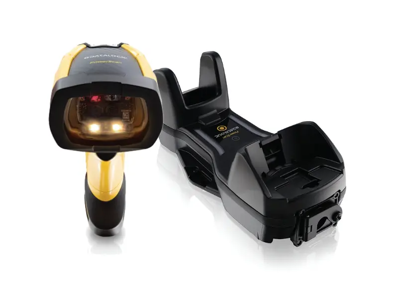Gelber Datalogic Powerscan Barcodescanner mit Dockingstation