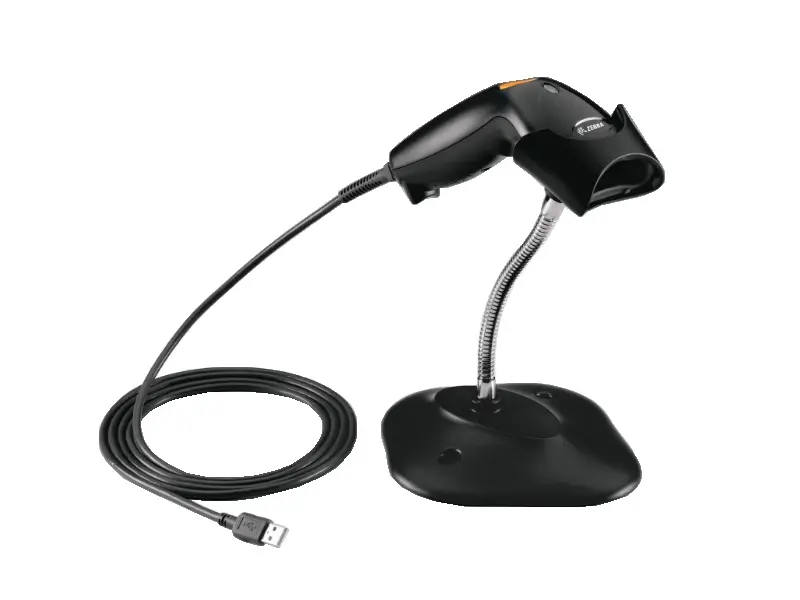 Schwarzer USB Barcodescanner mit Halterung und Kabel