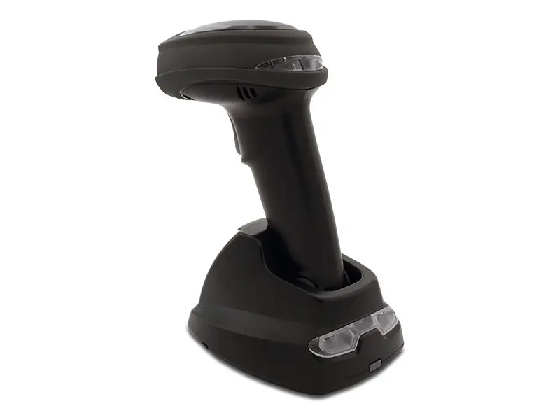 Schwarzer Funk-Barcodescanner in Ladestation