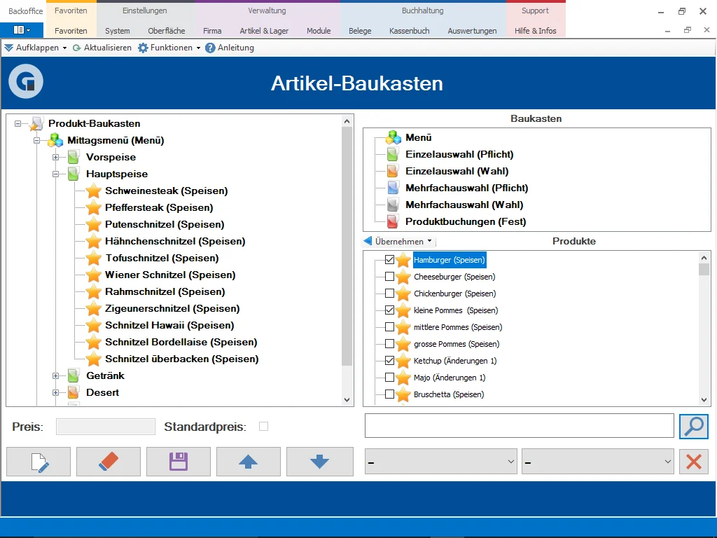 Software-Artikel-Baukasten für Speisen und Menüs
