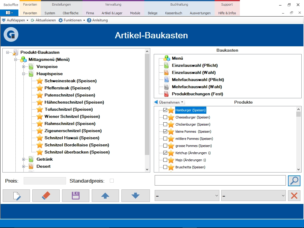 Software-Artikel-Baukasten für Speisen und Menüs