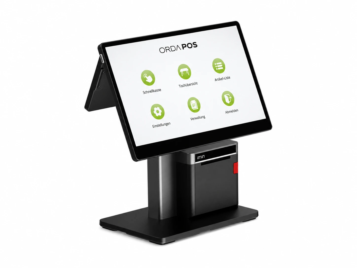 Schwarzes ORDA POS Kassensystem mit großem Touchscreen, Kundenanzeige und integriertem Bondrucker für Gastronomie und Einzelhandel