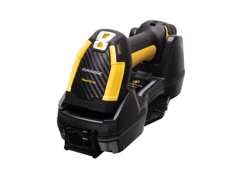 Datalogic PowerScan PBT9600 IP67 1D/2D Bluetooth industrial barcode scanner in charging cradle for warehouse and logistics scanning