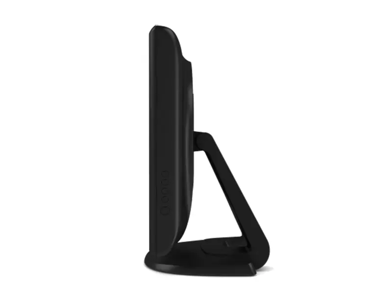 Seitliche Ansicht eines schlanken schwarzen Monitors