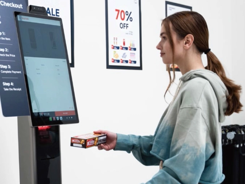 Kundin nutzt einen Self-Checkout-Kiosk und scannt einen Schokoriegel im modernen Ladengeschäft.