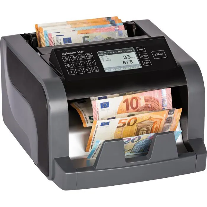 Schwarzer Banknotenzähler rapidcount S575 mit Display zählt Euro-Banknoten und prüft Geldscheine für Kasse, Büro und Handel