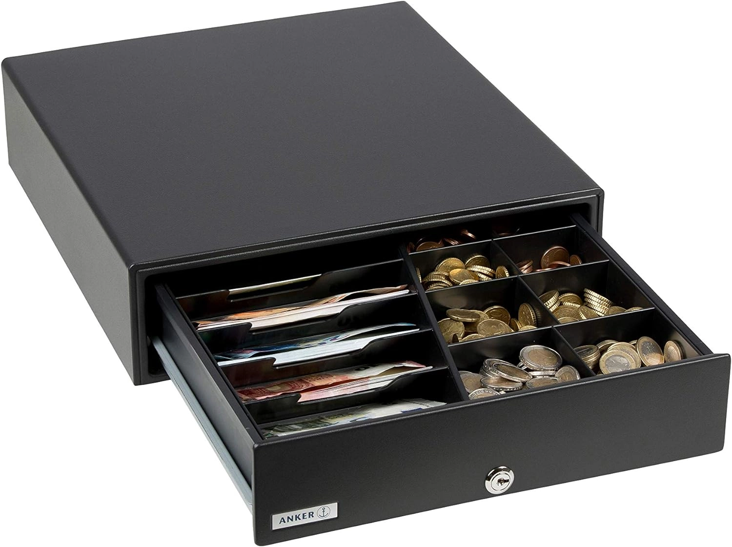 Schwarze Kassenschublade mit Fächern für Münzen und Scheine
