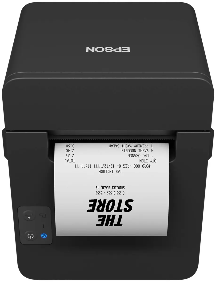 Schwarzer Epson Thermodrucker druckt Kassenbeleg