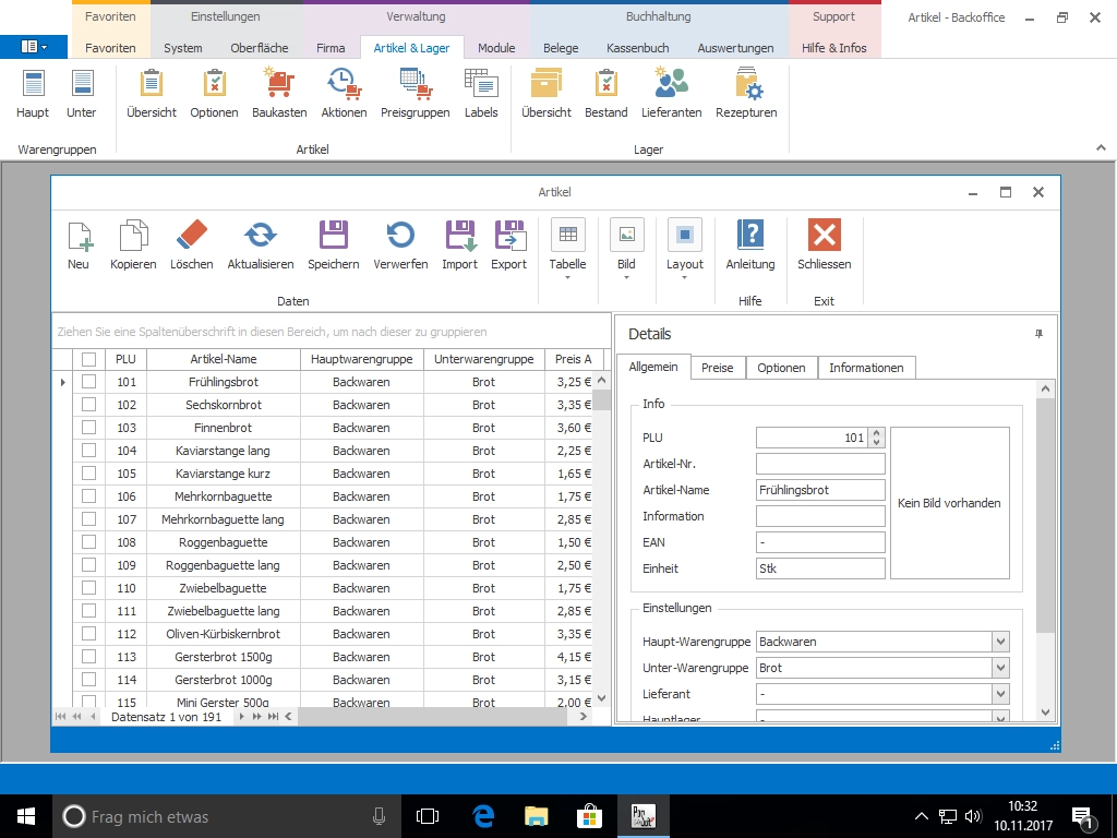 Screenshot Backoffice-Programm zur Verwaltung von Backwaren