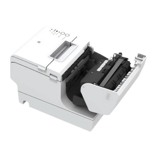 Kompakter weißer Laserdrucker mit geöffneter Papierzufuhr