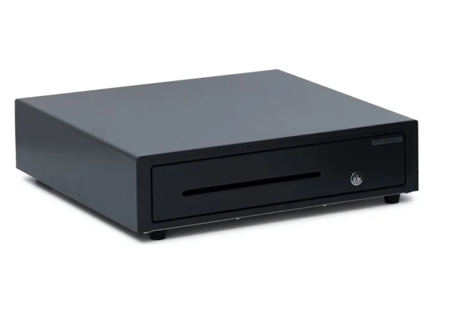 Schwarze Kassenschublade aus Metall mit Schlitz und Schloss