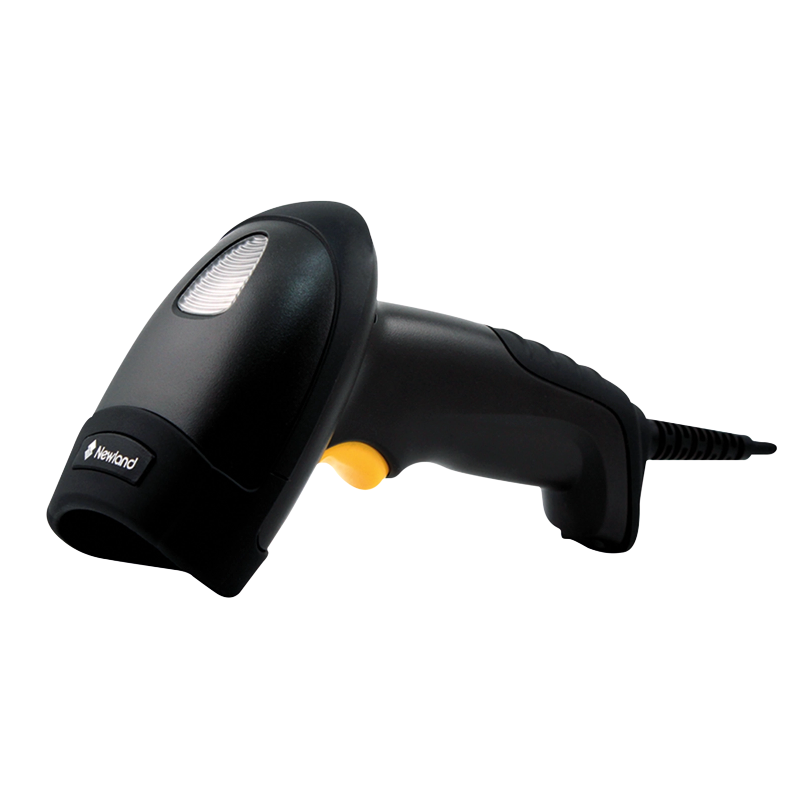Black Newland HR15 Wahoo 1D Bluetooth barcode scanner with yellow trigger, ideal for fast POS, warehouse and healthcare scanning