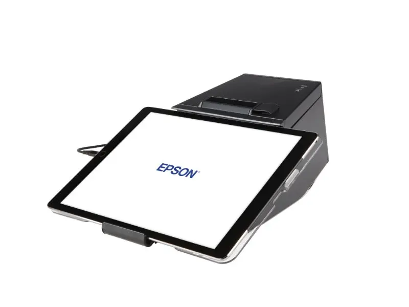 Schwarzer Epson Bondrucker mit angeschlossenem Tablet
