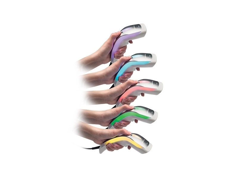 Datalogic Heron HD3430 white handheld 1D/2D USB barcode scanner shown in use with coloured LED accents for fast POS retail and warehouse scanning