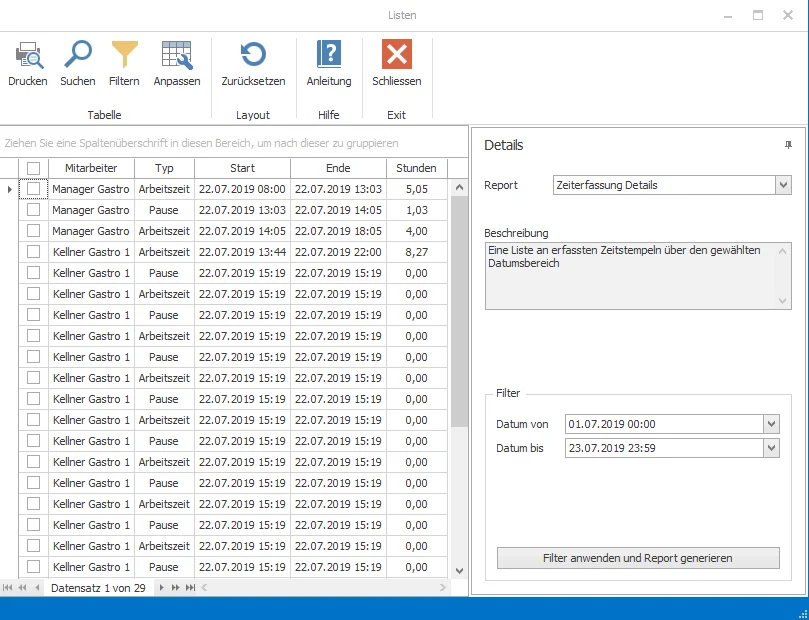 Screenshot Zeiterfassungsliste mit Arbeitszeiten und Filtern