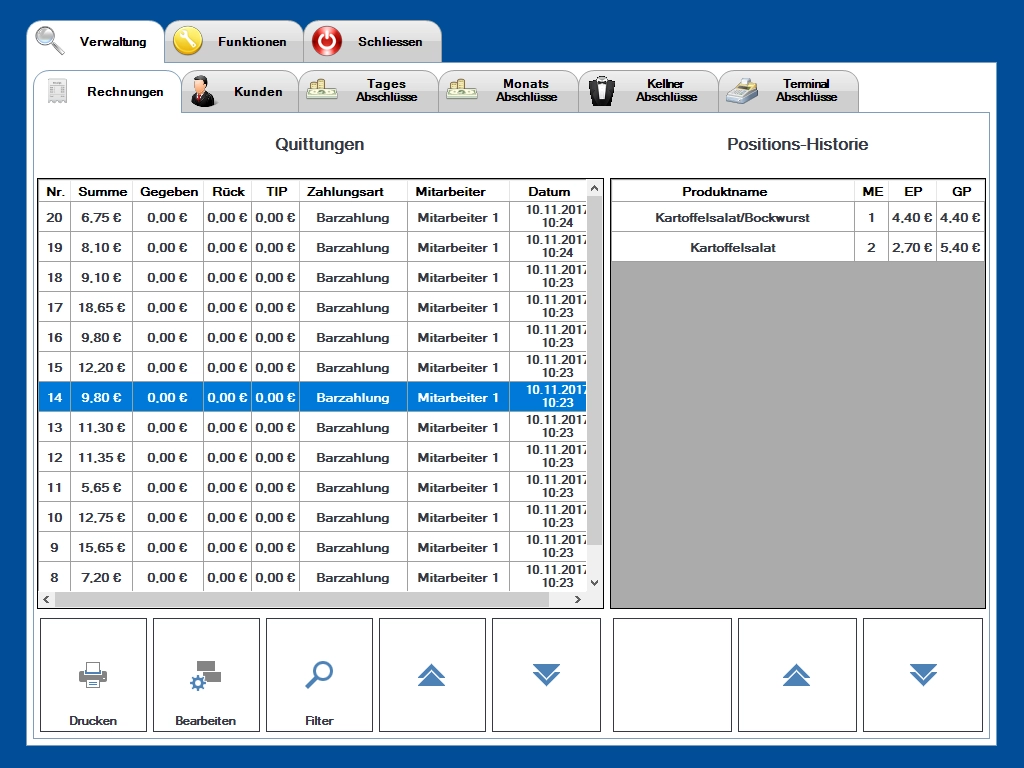 Screenshot einer Kassensoftware mit Quittungen und Artikeln