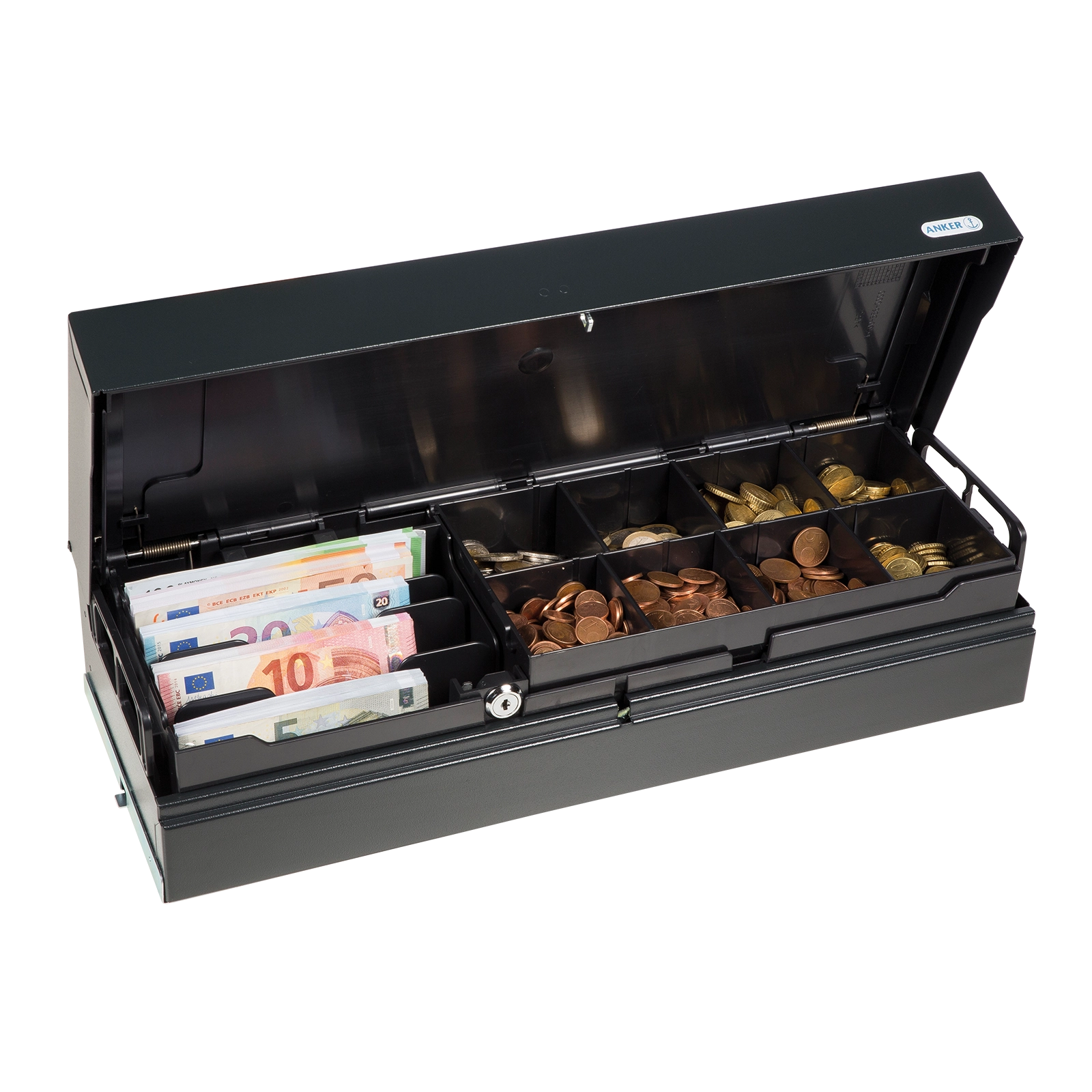 Schwarze Geldlade mit Euro-Scheinen und Münzen
