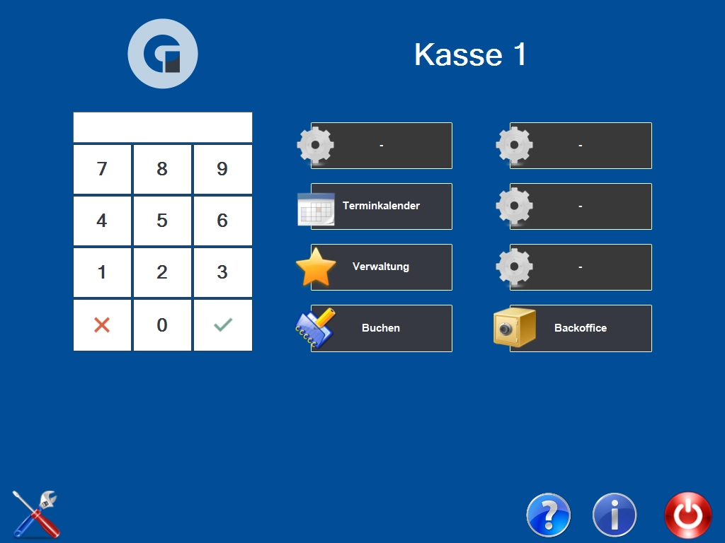 Screenshot der Kassensoftware Kasse 1 mit Tastenfeld und Men