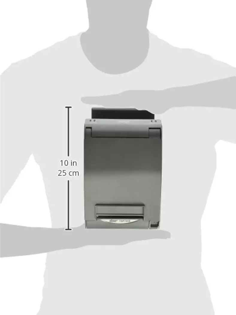 Grauer Thermodrucker, 25 cm hoch, vor Personensilhouette