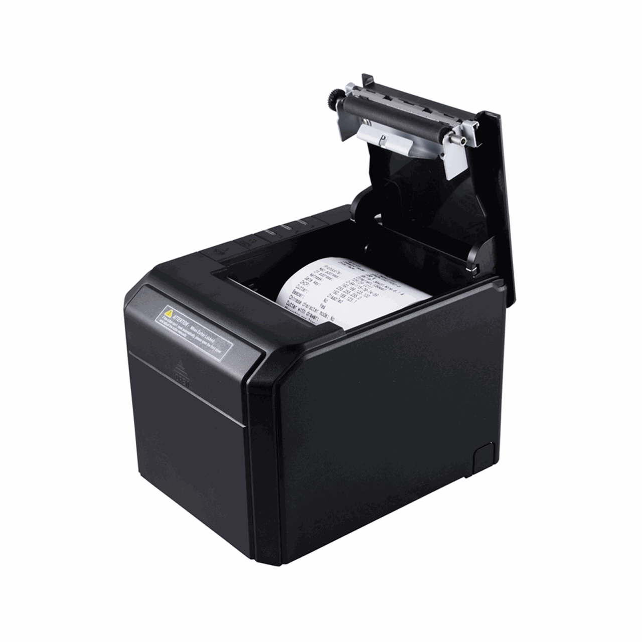 Schwarzer Thermobondrucker mit geöffnetem Deckel und Bonroll