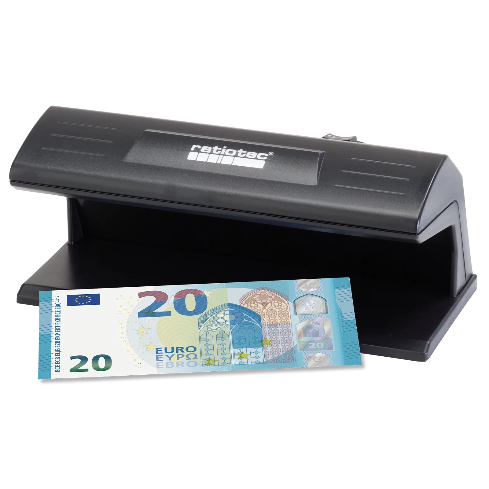 Schwarzer ratiotec Geldscheinprüfer mit 20-Euro-Banknote