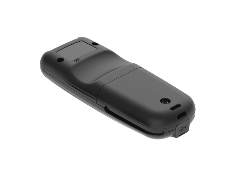 Rückseite eines schwarzen USB-Datenloggers mit Gehäuse