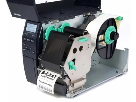 Geöffneter Toshiba B-EX4T Industriedrucker mit Etikettenroll