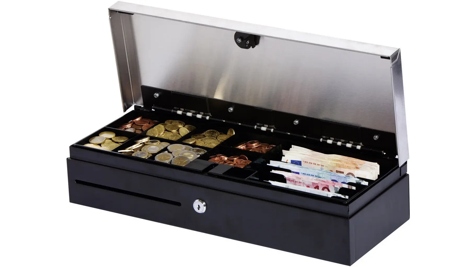 Metall-Kassenlade mit sortierten Münzen und Scheinen