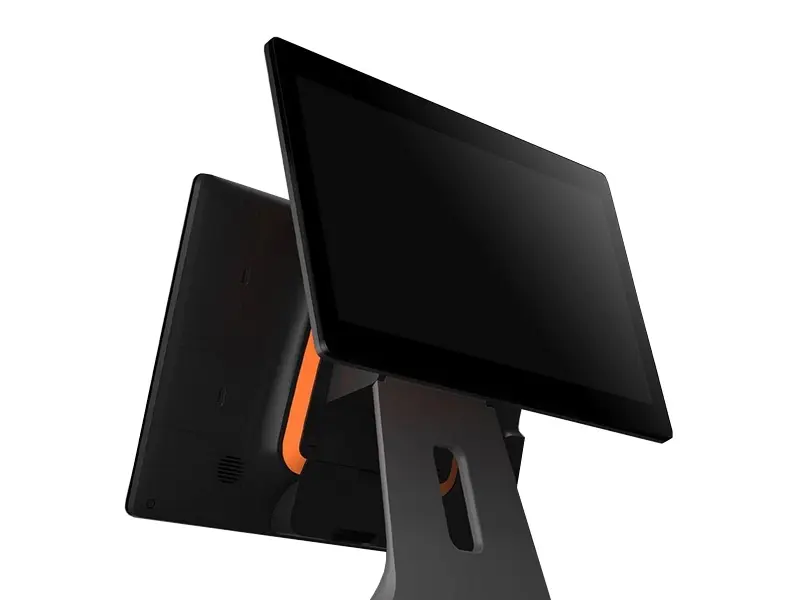 Schwarzes Touchscreen-POS-System seitlich gesehen