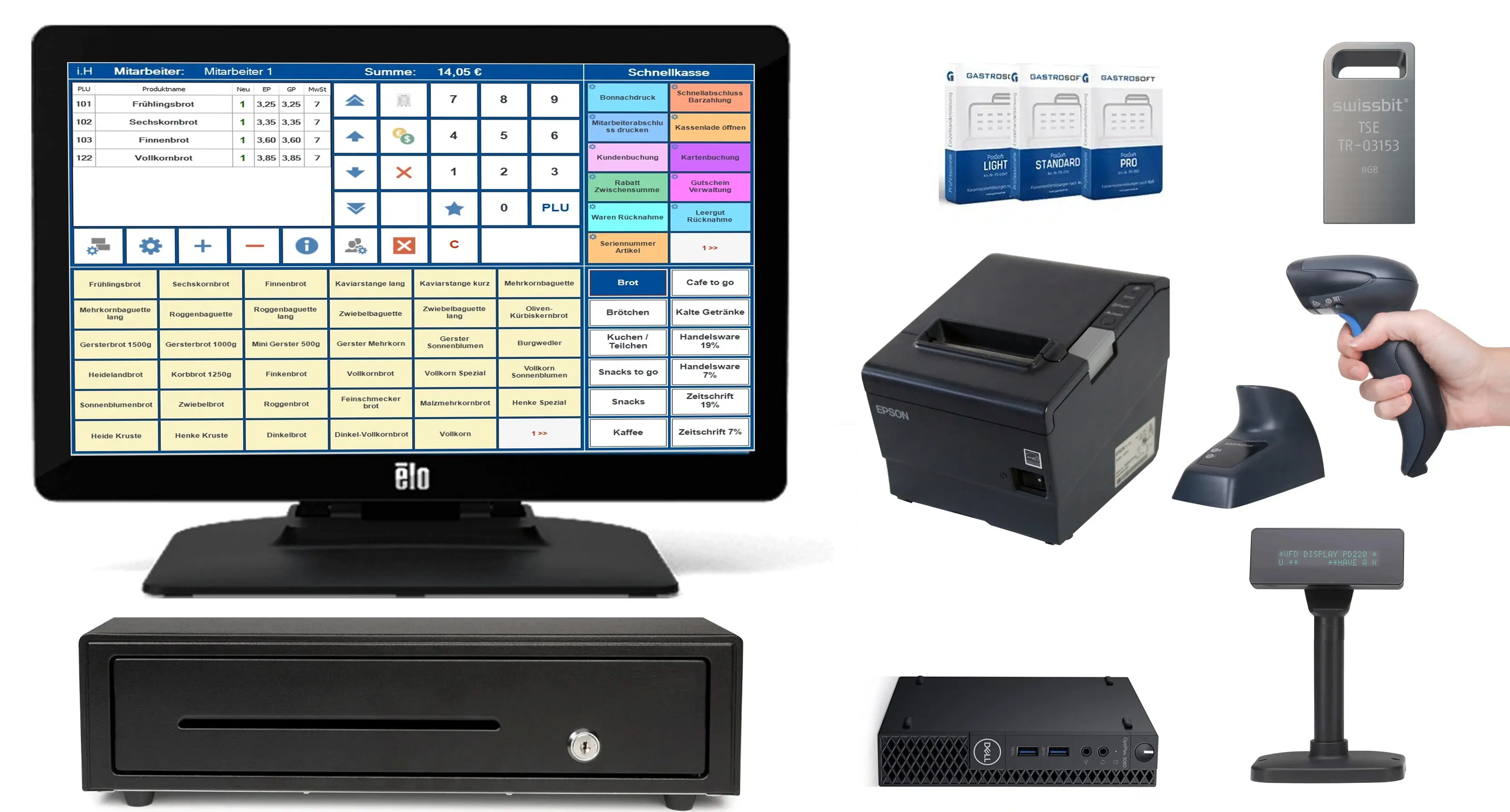 Komplettes Kassensystem mit Touchscreen, Drucker und Scanner