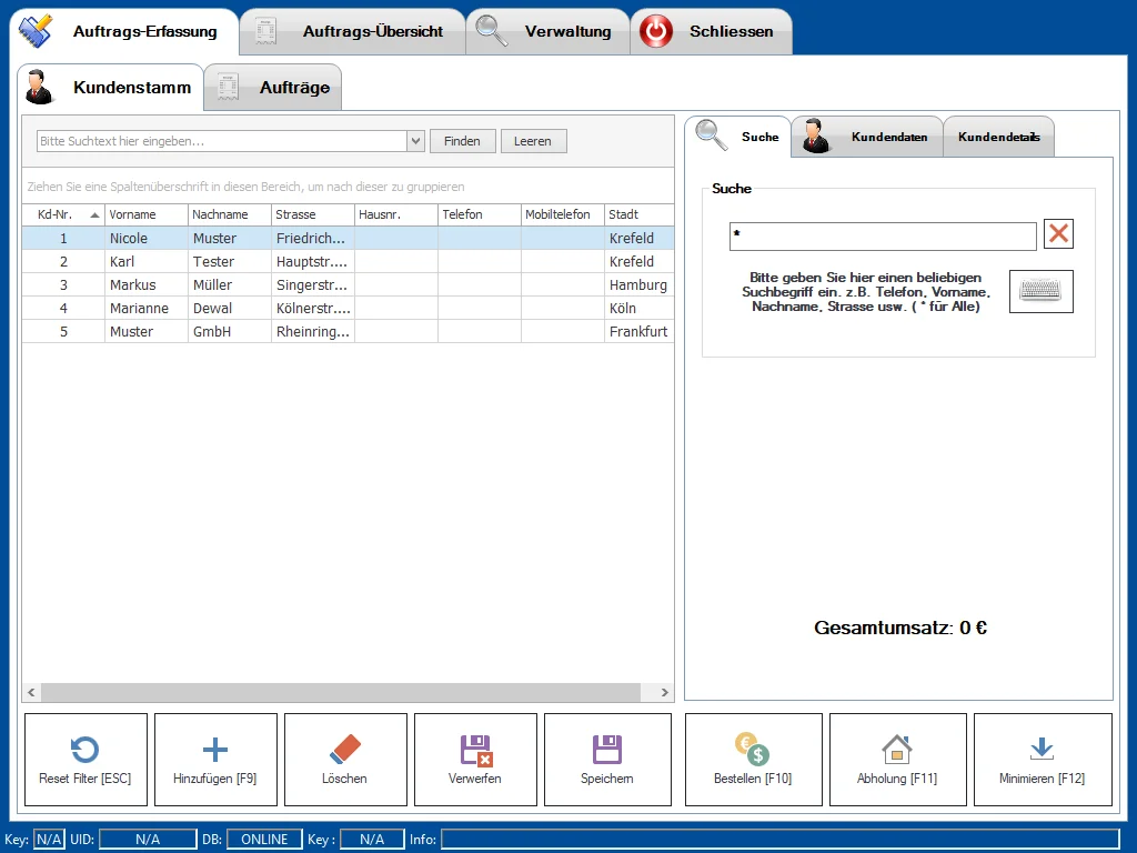 Screenshot einer Kundenverwaltungssoftware mit Suchfunktion