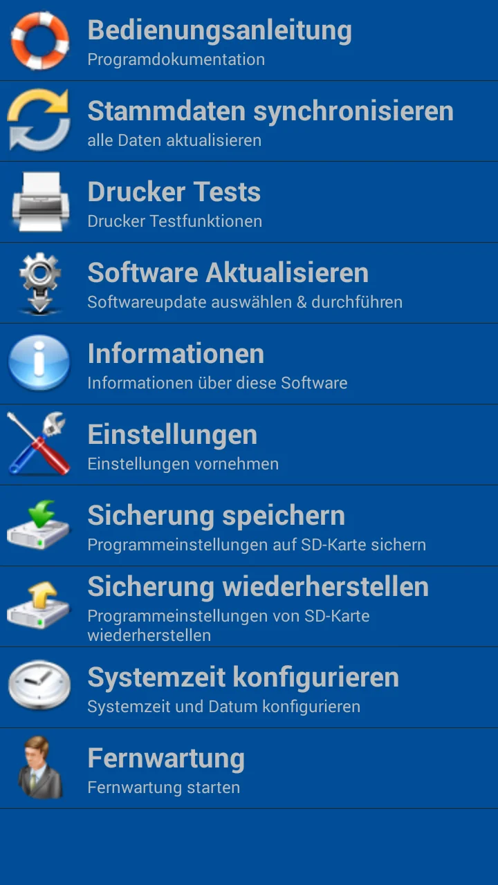 Screenshot eines Software-Menüs mit Service- und Sicherungso