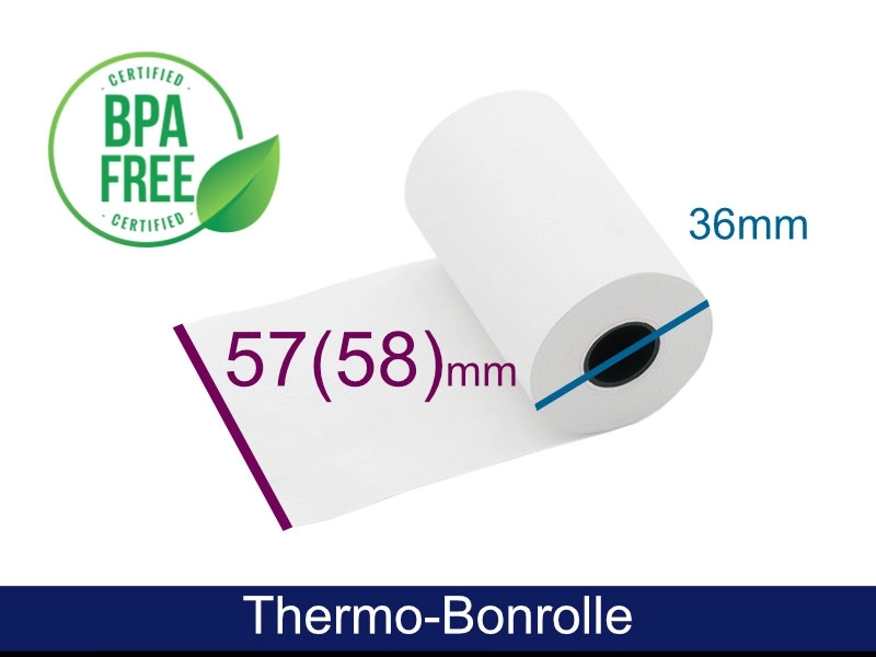 BPA-freie Thermo-Bonrolle 57/58 mm von MagicPOS für Kassen- und EC-Drucker, weißes Thermopapier mit 12-mm-Kern und 40 m Lauflänge