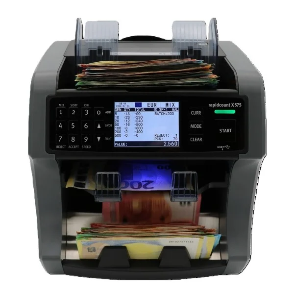 Banknotenzähler rapidcount X575 zählt Euro-Scheine mit Display, UV-Prüfung und Stapelfach für den professionellen Kassen- und Bürobedarf