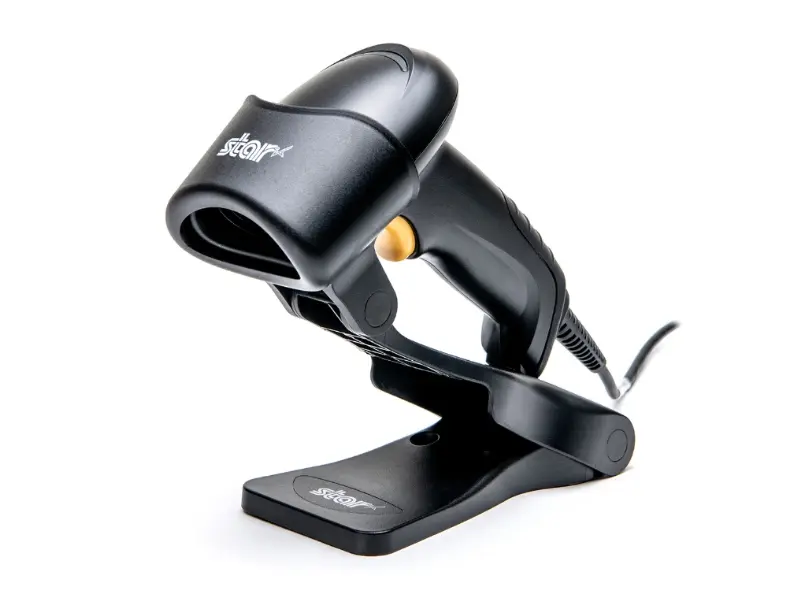 Schwarzer Star Barcodescanner mit USB-Kabel und Halterung